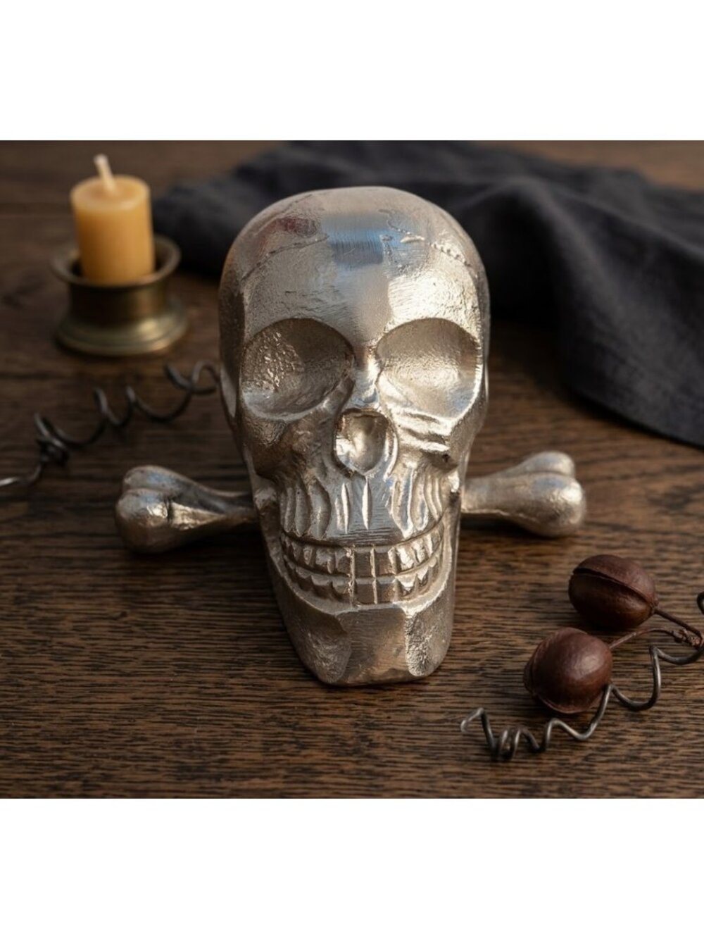 Skull And Bones Metal Cast Goth Sculpture Decor Art Halloween Silver Heavy